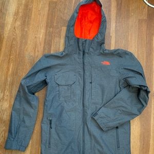 Mens gray and orange North Face windbreaker raincoat jacket
